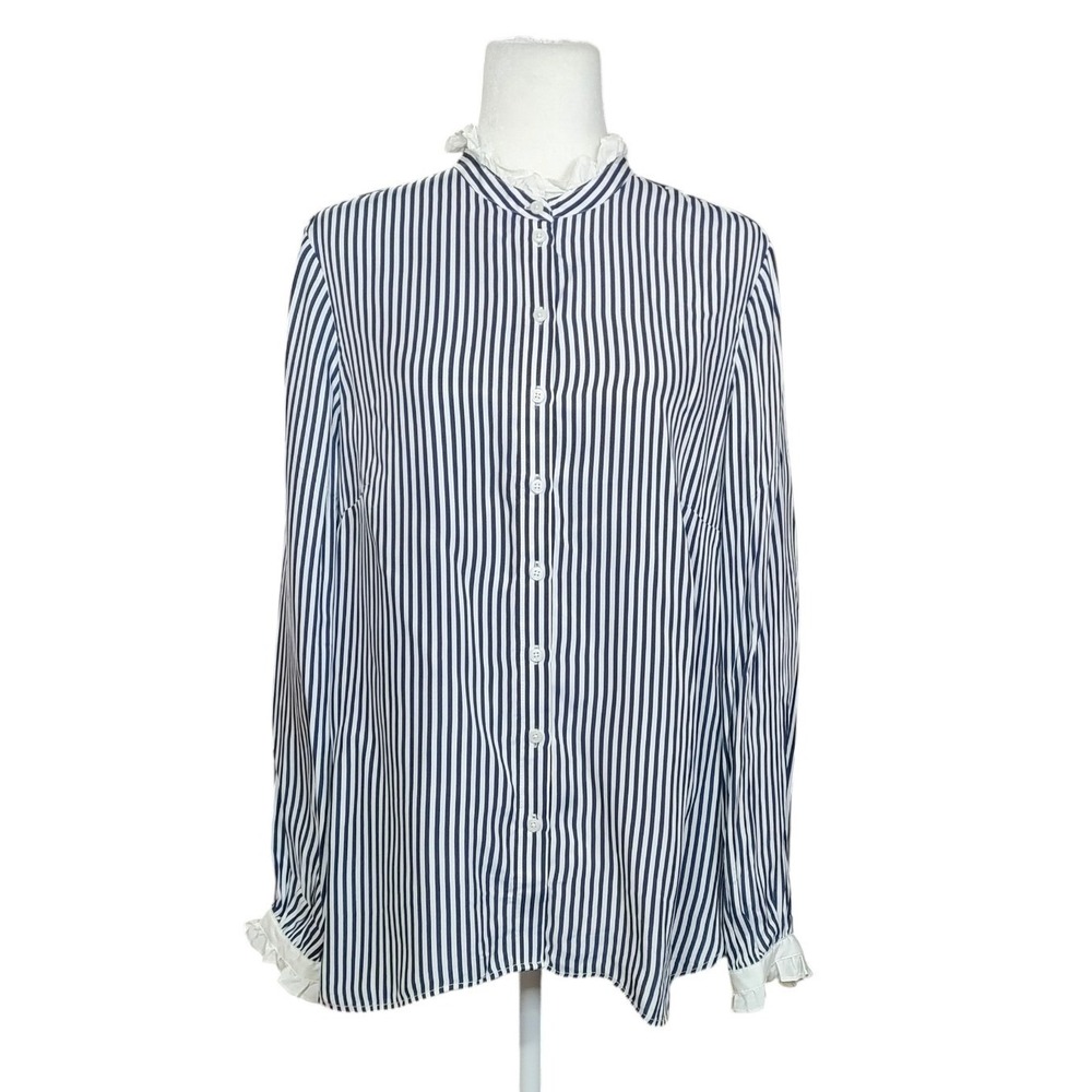 J.Crew Navy White Striped Ruffle Collar Cupro Button Down Blouse Preppy‎ Work XL